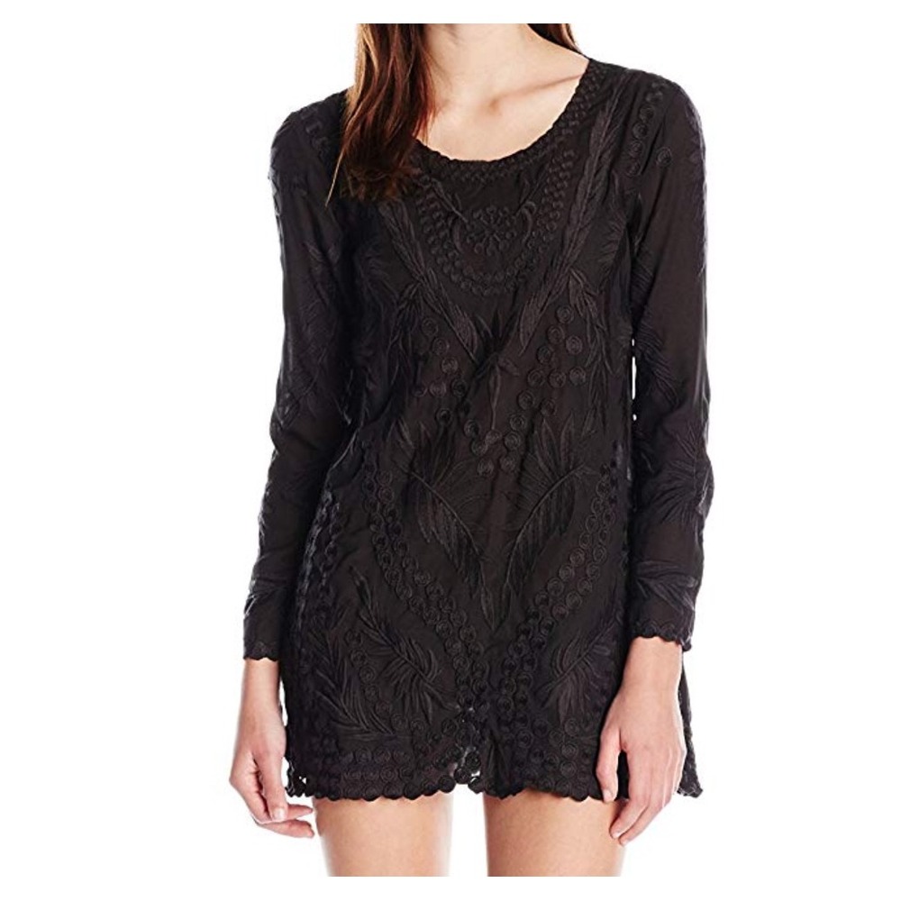 PilyQ Black Embroidered Long Sleeve Beach Cover Up Dress Size XS/S